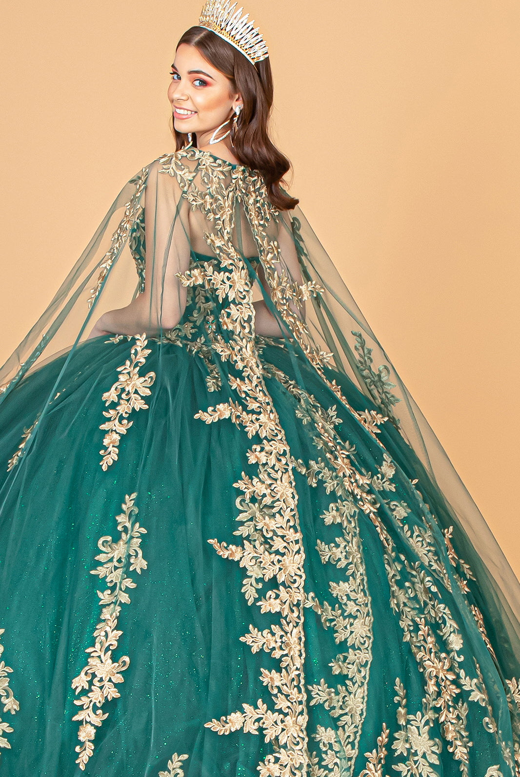 Jewel Embellished Tull Quinceanera Ball Gown Embroidered Mesh Cape GLGL3016-QUINCEANERA-smcfashion.com