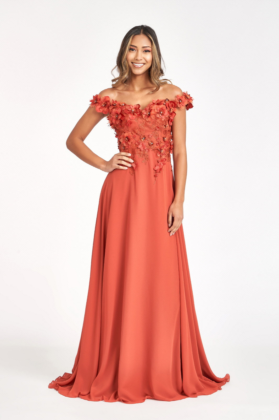 Floral 3D Applique and Embroidery Embellished Bodice A-Line Chiffon Dress GLGL3018-PROM-smcfashion.com