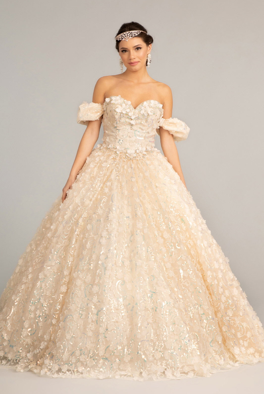 Jewel Embellished Mesh Quinceanera Ball Gown 3D Applique and Corset GLGL3019-QUINCEANERA-smcfashion.com