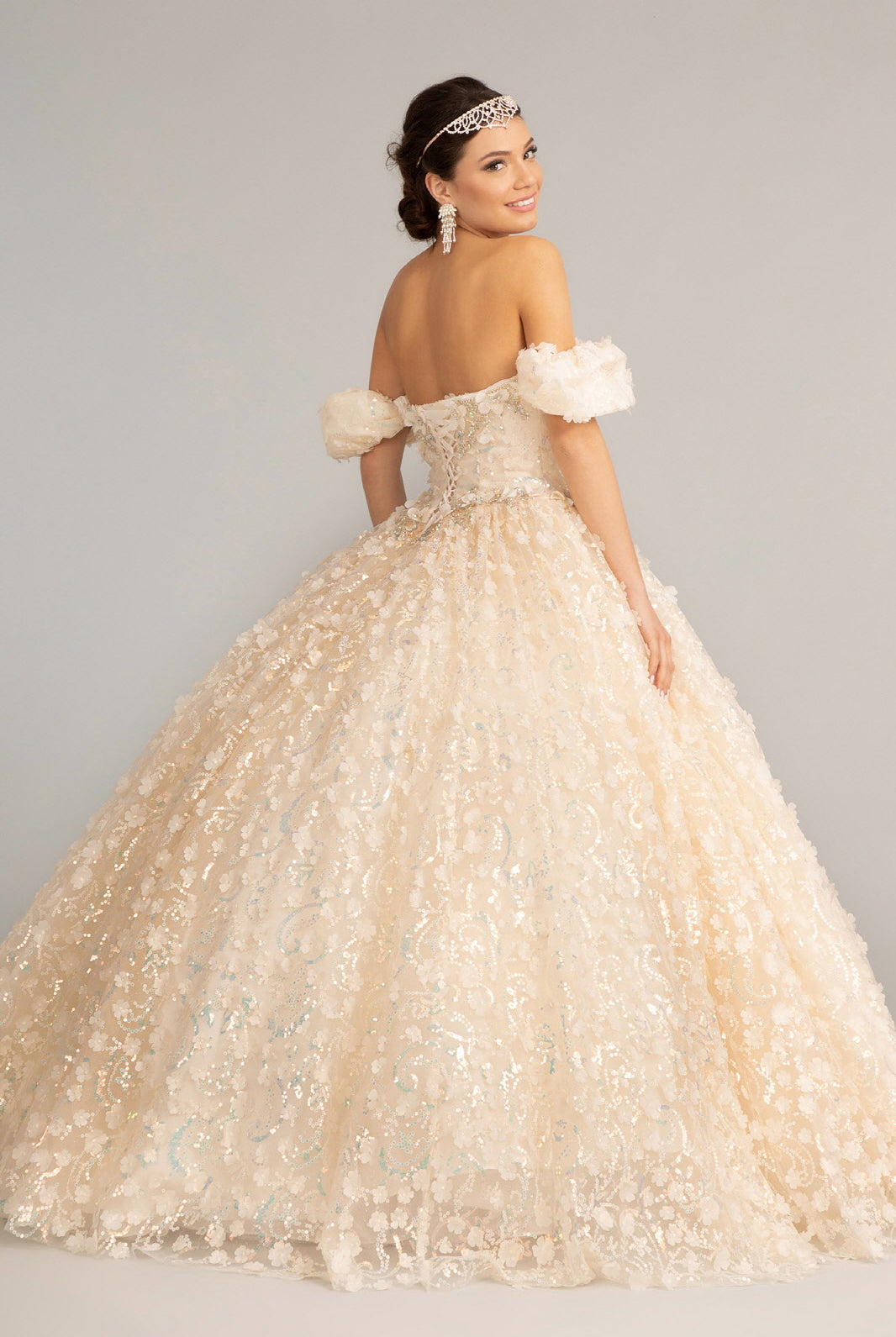 Jewel Embellished Mesh Quinceanera Ball Gown 3D Applique and Corset GLGL3019-QUINCEANERA-smcfashion.com