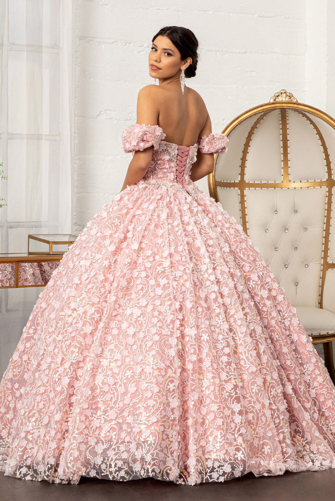 Jewel Embellished Mesh Quinceanera Ball Gown 3D Applique and Corset GLGL3019-QUINCEANERA-smcfashion.com