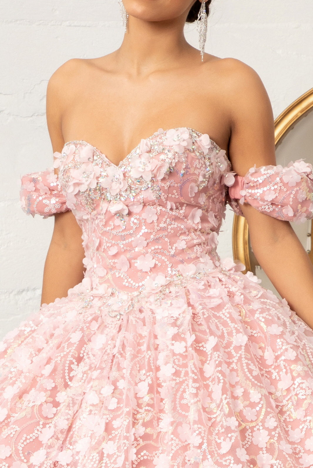 Jewel Embellished Mesh Quinceanera Ball Gown 3D Applique and Corset GLGL3019-QUINCEANERA-smcfashion.com