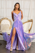 Full Iridescent Sequin V-Neck A-Line Prom Dress /w Leg Slit GLGL3027-PROM-smcfashion.com