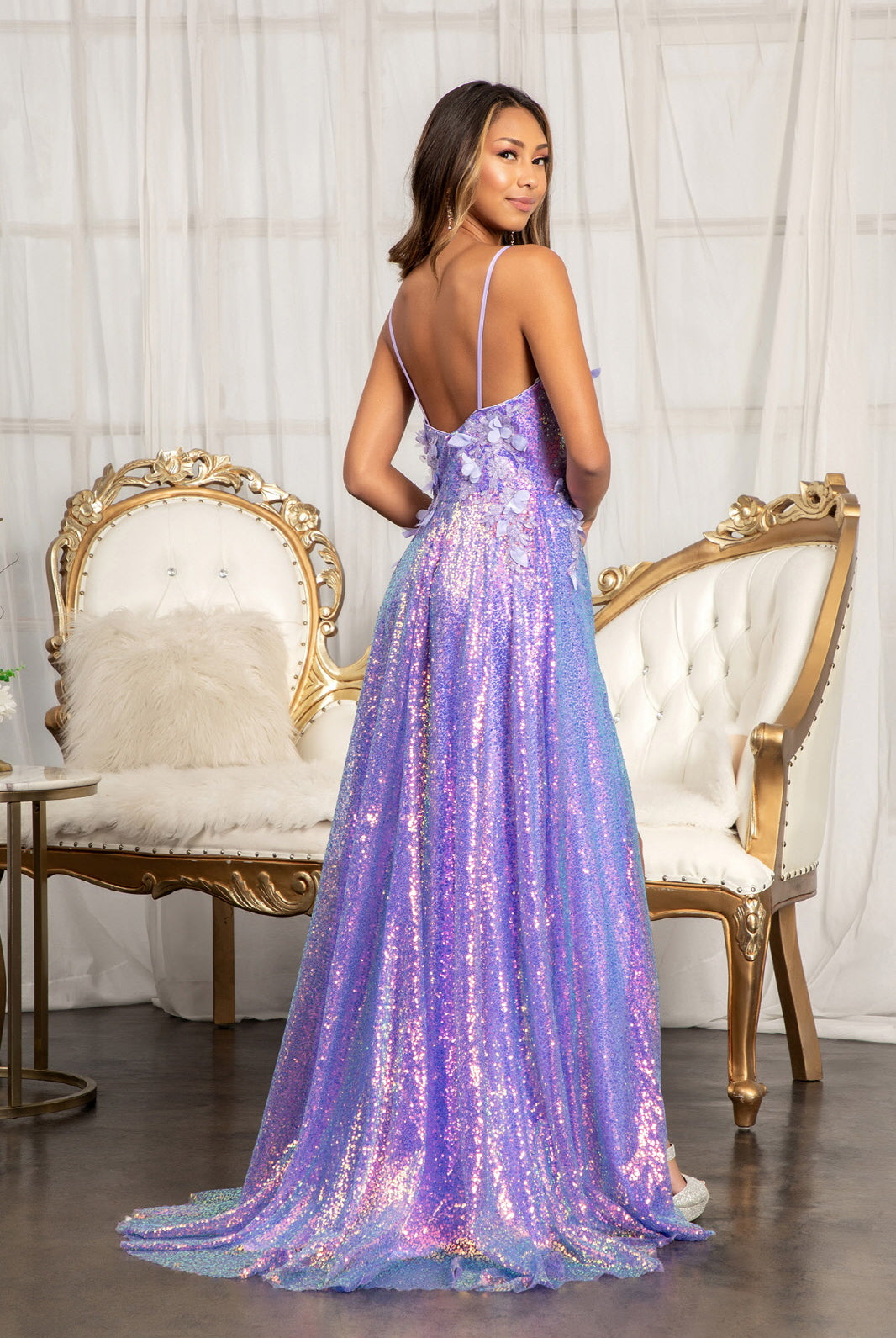 Full Iridescent Sequin V-Neck A-Line Prom Dress /w Leg Slit GLGL3027-PROM-smcfashion.com