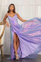 Full Iridescent Sequin V-Neck A-Line Prom Dress /w Leg Slit GLGL3027-PROM-smcfashion.com