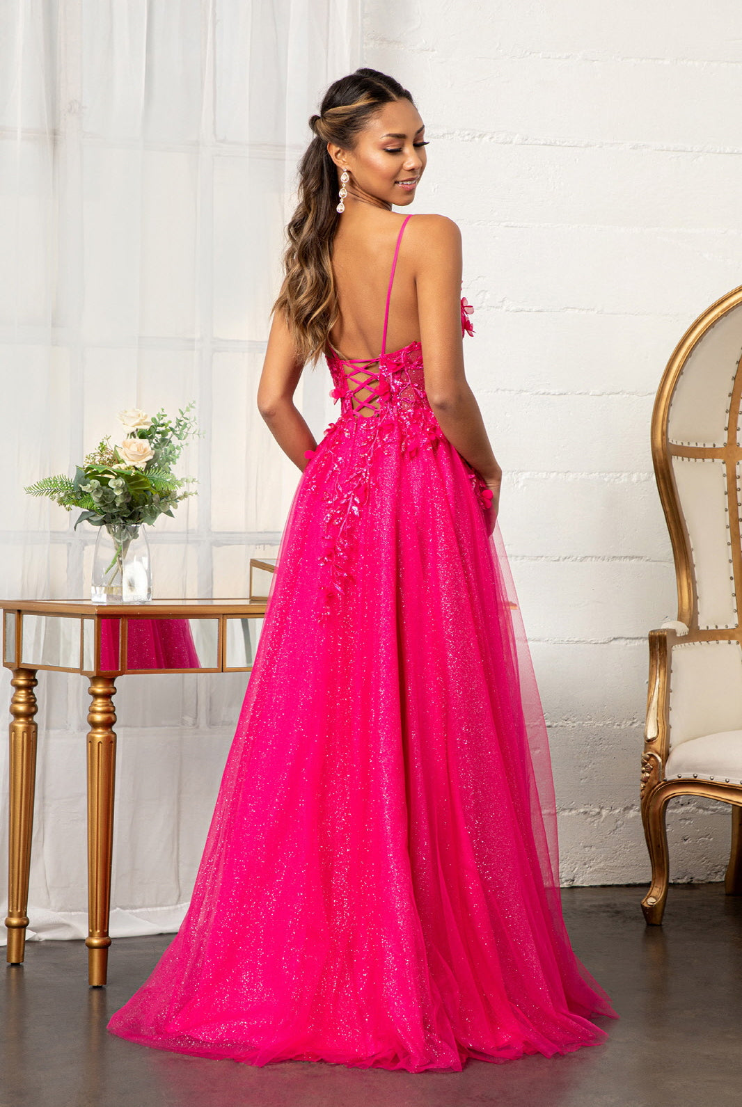 3D Flower Applique Glitter Mesh A-line Dress Embroidery and Sequin GLGL3034-PROM-smcfashion.com