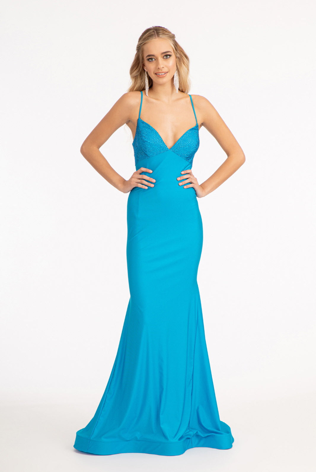 Beads Embellished Jersey Mermaid Dress Strap Lace-up Back GLGL3035-PROM-smcfashion.com