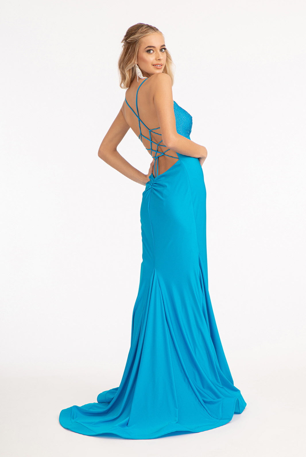 Beads Embellished Jersey Mermaid Dress Strap Lace-up Back GLGL3035-PROM-smcfashion.com