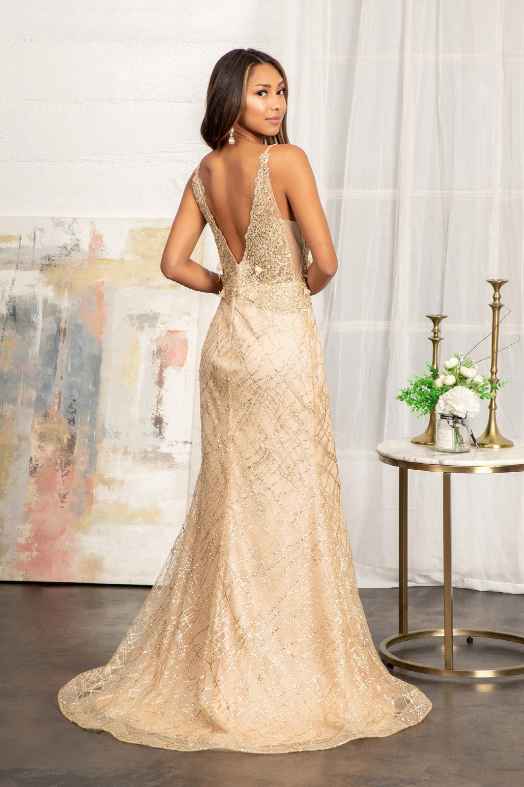 3D Flower Glitter Embellished Mermaid Dress Sheer Sides GLGL3042-PROM-smcfashion.com