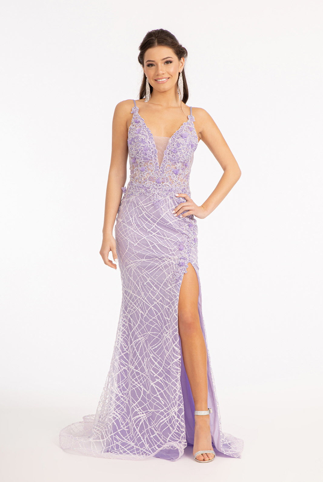 3D Flower Glitter Embellished Mermaid Dress Sheer Sides GLGL3042-PROM-smcfashion.com