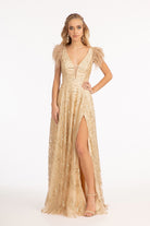 Feather-Shoulder Embellished A-line Dress Open V-back GLGL3046-PROM-smcfashion.com