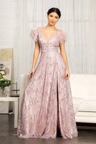 Feather-Shoulder Embellished A-line Dress Open V-back GLGL3046-PROM-smcfashion.com