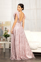 Feather-Shoulder Embellished A-line Dress Open V-back GLGL3046-PROM-smcfashion.com