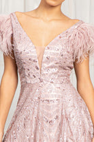 Feather-Shoulder Embellished A-line Dress Open V-back GLGL3046-PROM-smcfashion.com