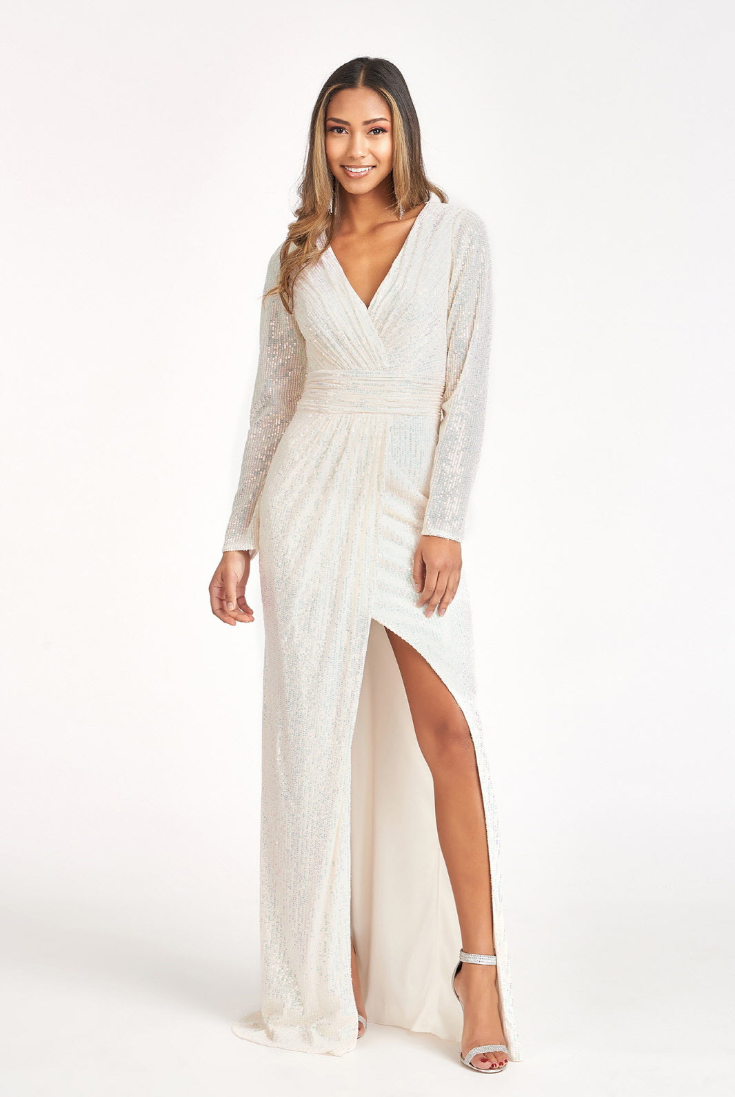 Gathered Waist Sequin Embellished Mermaid Dress Long Sleeves GLGL3063-PROM-smcfashion.com