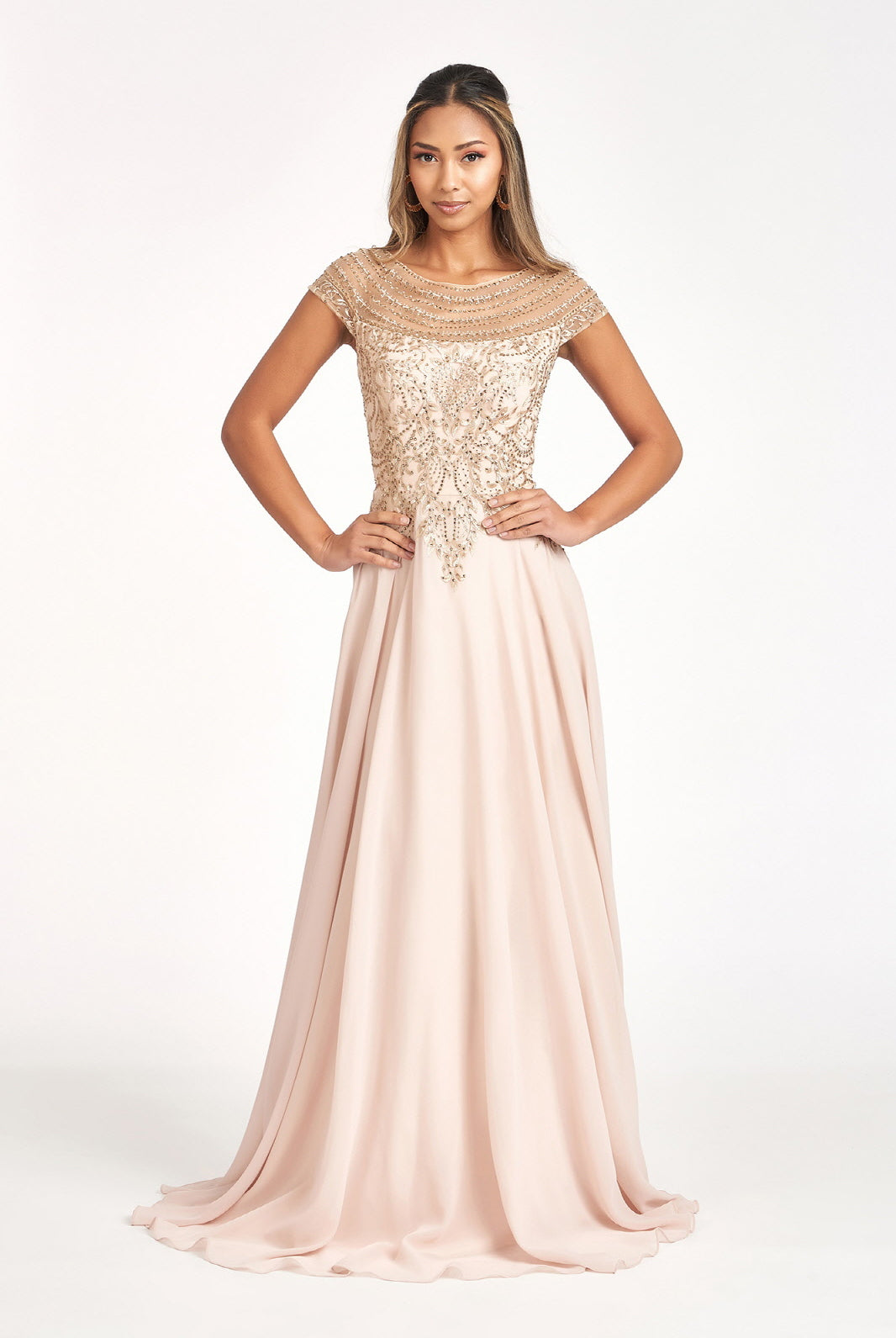 Beads Embellished Chiffon A-line Dress Cap Sleeves GLGL3065-MOTHER OF BRIDE-smcfashion.com