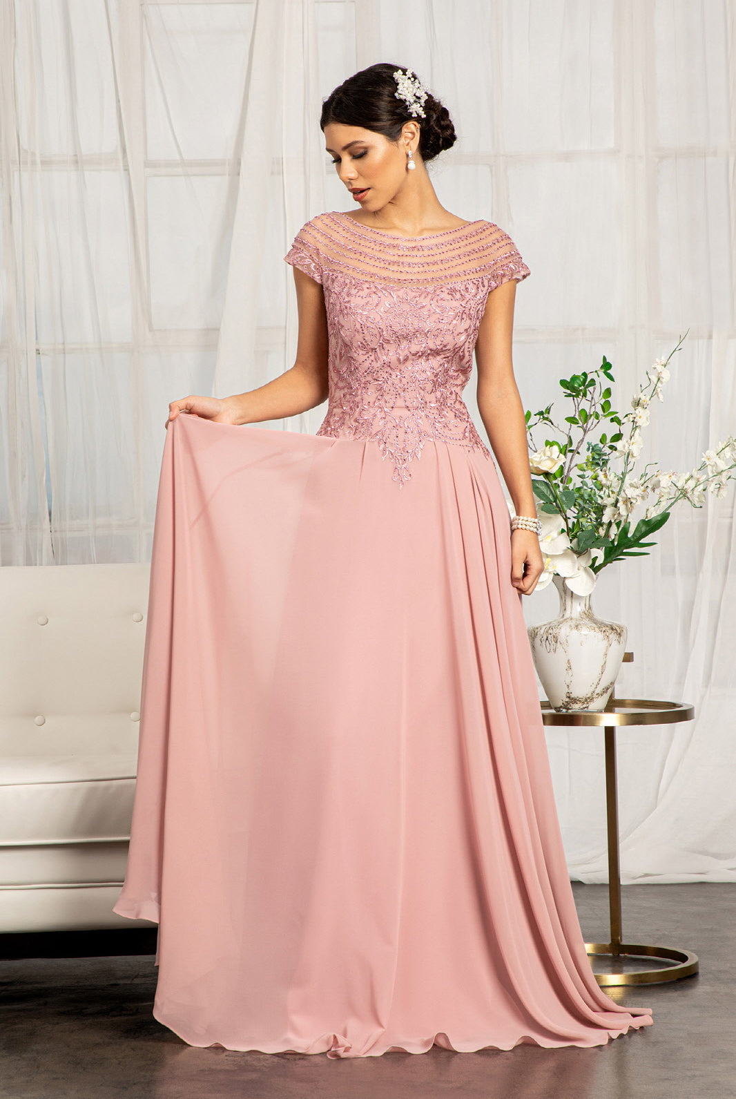 Beads Embellished Chiffon A-line Dress Cap Sleeves GLGL3065-MOTHER OF BRIDE-smcfashion.com