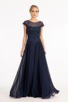 Beads Embellished Chiffon A-line Dress Cap Sleeves GLGL3065-MOTHER OF BRIDE-smcfashion.com