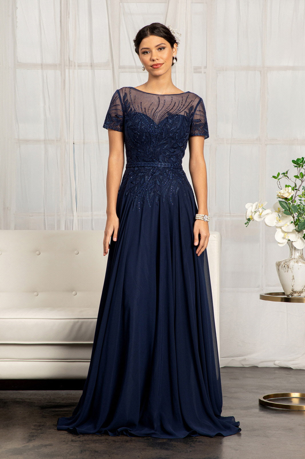Embroidered Chiffon A-line Dress Short Sleeves and Waistband GLGL3067-MOTHER OF BRIDE-smcfashion.com