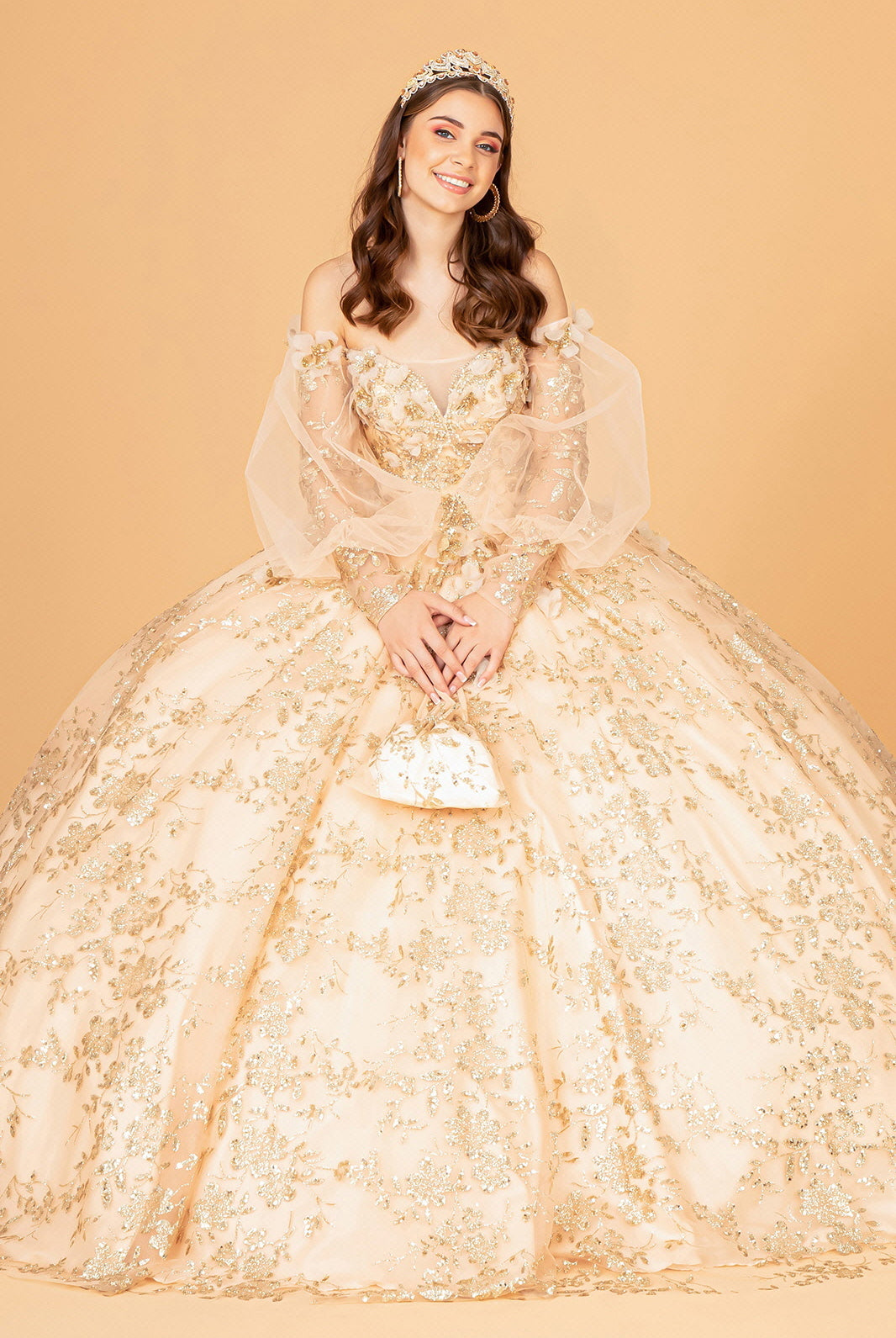 Mesh Long Sleeves Quinceanera Dress Detachable Ribbon and Mini Bag GLGL3071-QUINCEANERA-smcfashion.com