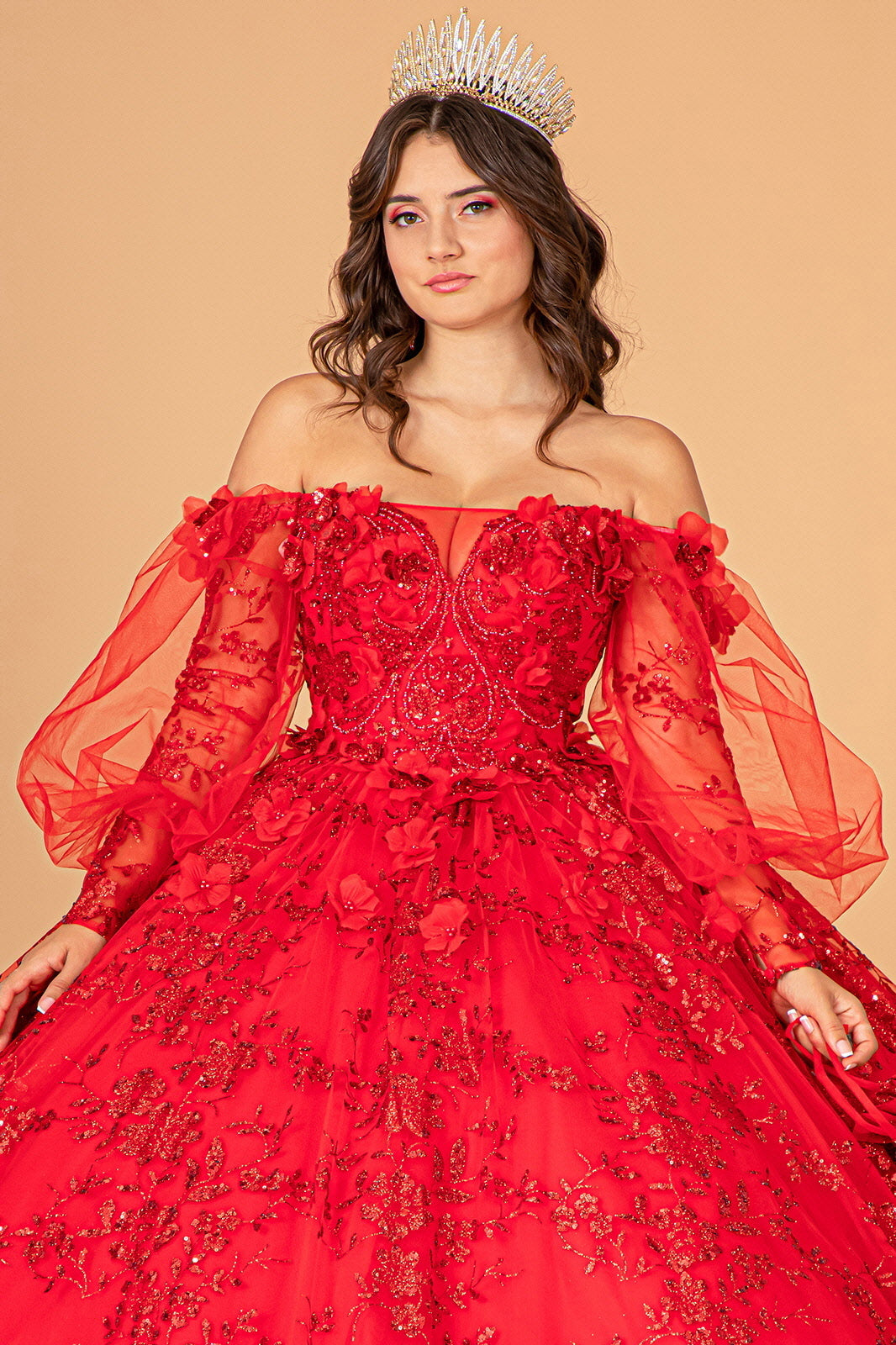 Mesh Long Sleeves Quinceanera Dress Detachable Ribbon and Mini Bag GLGL3071-QUINCEANERA-smcfashion.com