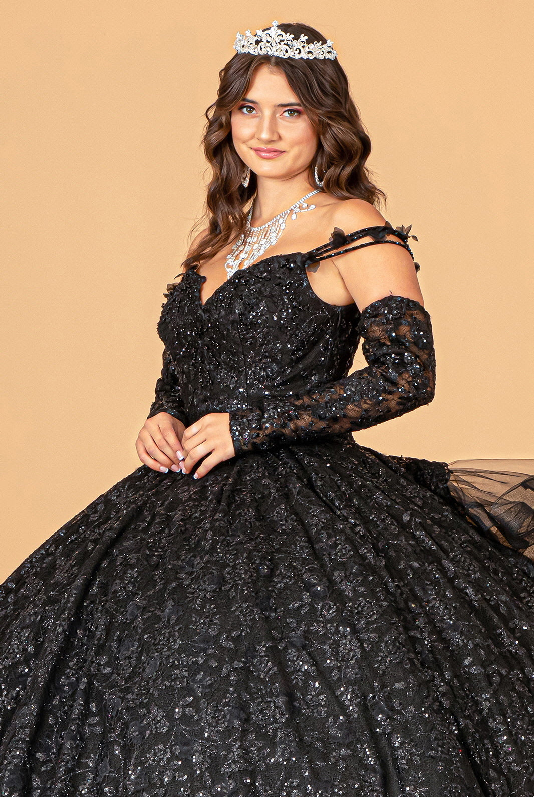 Mesh Detachable Long Sleeves Quinceanera Dress Detachable Ribbon and Ruffled Train GLGL3072-QUINCEANERA-smcfashion.com
