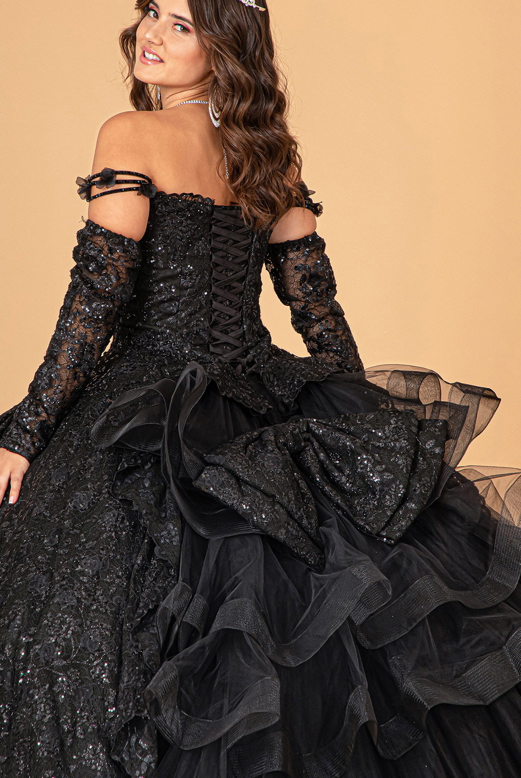 Mesh Detachable Long Sleeves Quinceanera Dress Detachable Ribbon and Ruffled Train GLGL3072-QUINCEANERA-smcfashion.com