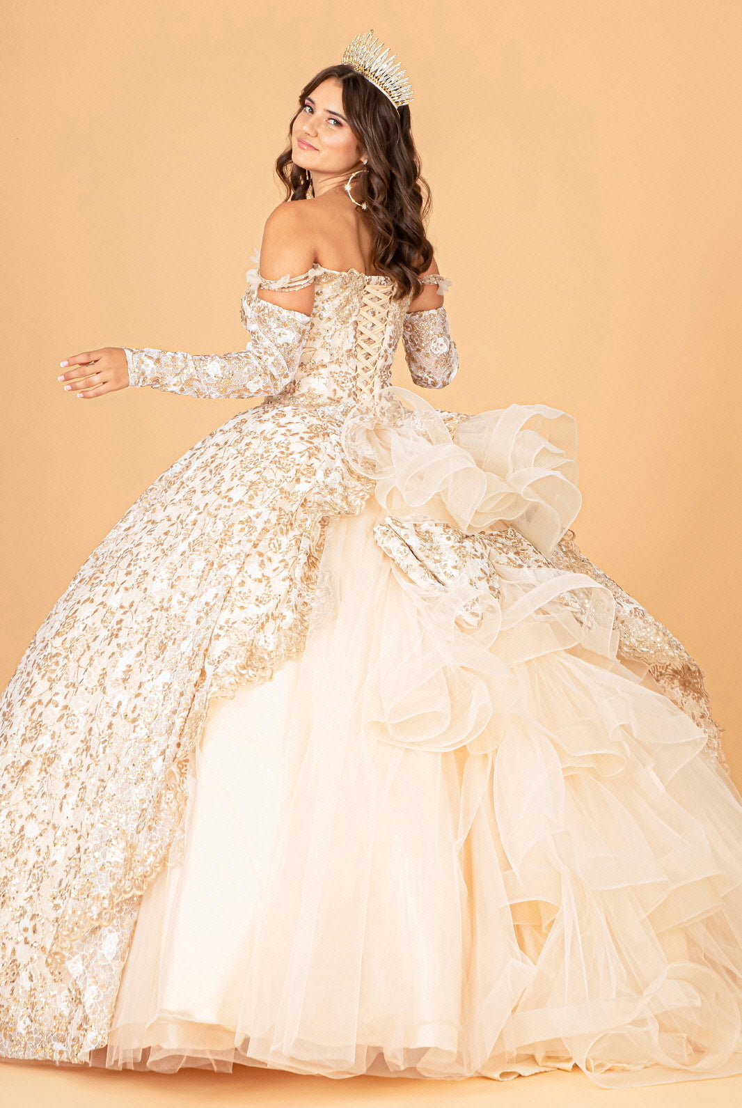 Mesh Detachable Long Sleeves Quinceanera Dress Detachable Ribbon and Ruffled Train GLGL3072-QUINCEANERA-smcfashion.com