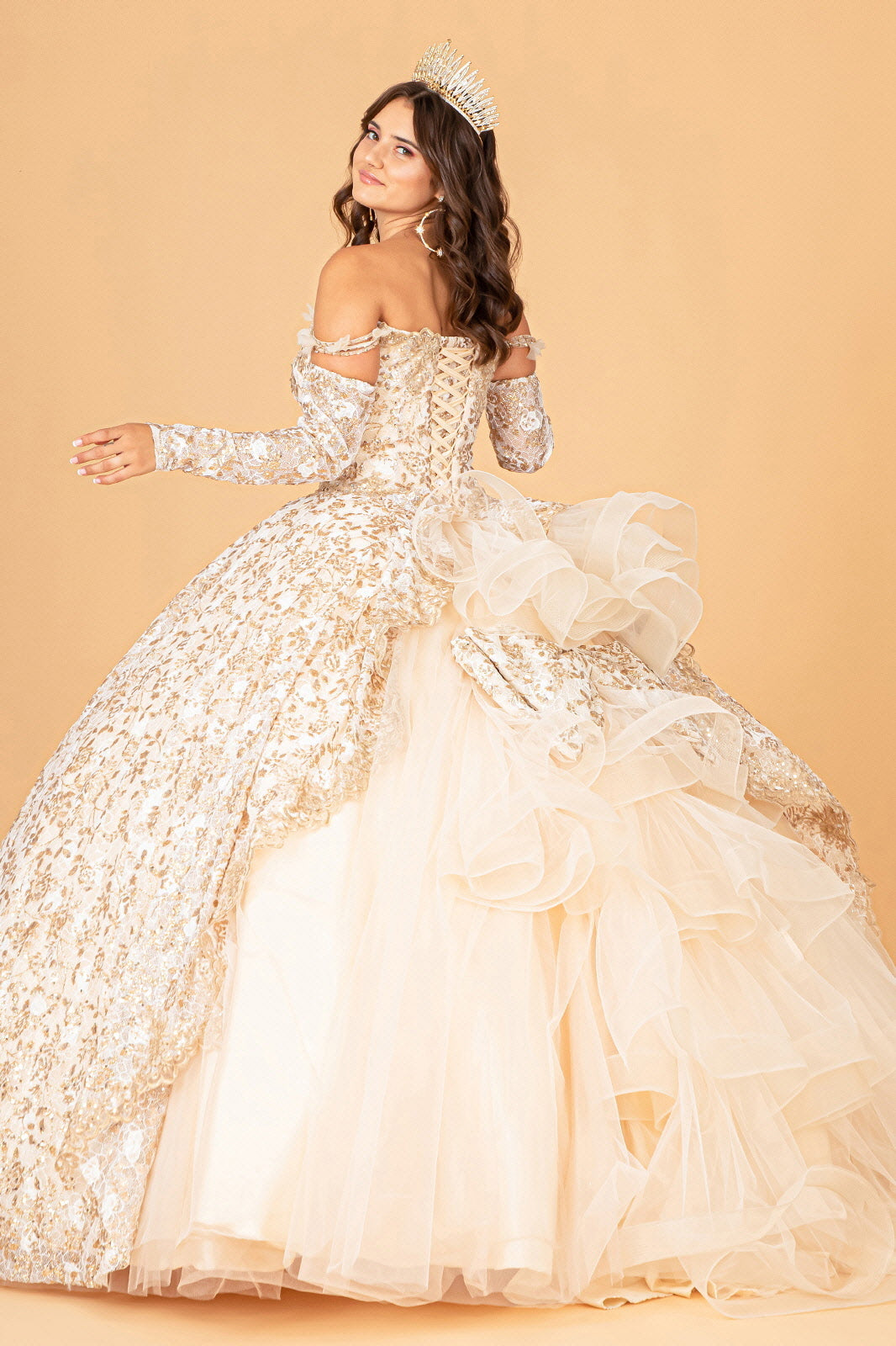 Mesh Detachable Long Sleeves Quinceanera Dress Detachable Ribbon and Ruffled Train GLGL3072-QUINCEANERA-smcfashion.com