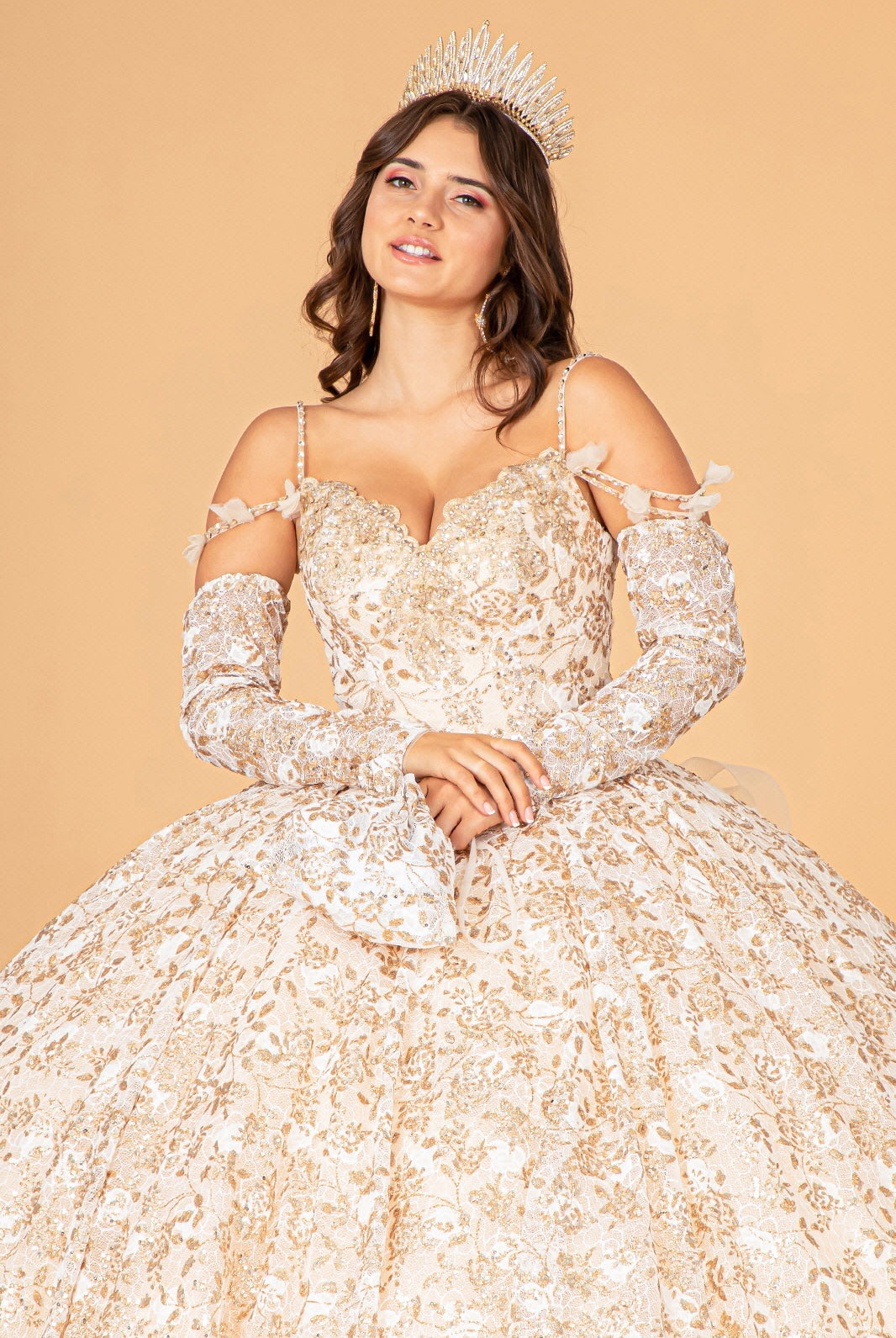 Mesh Detachable Long Sleeves Quinceanera Dress Detachable Ribbon and Ruffled Train GLGL3072-QUINCEANERA-smcfashion.com