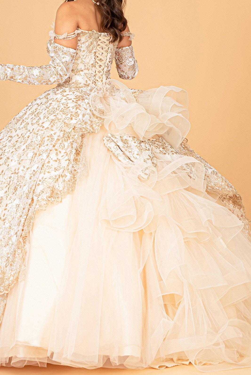 Mesh Detachable Long Sleeves Quinceanera Dress Detachable Ribbon and Ruffled Train GLGL3072-QUINCEANERA-smcfashion.com