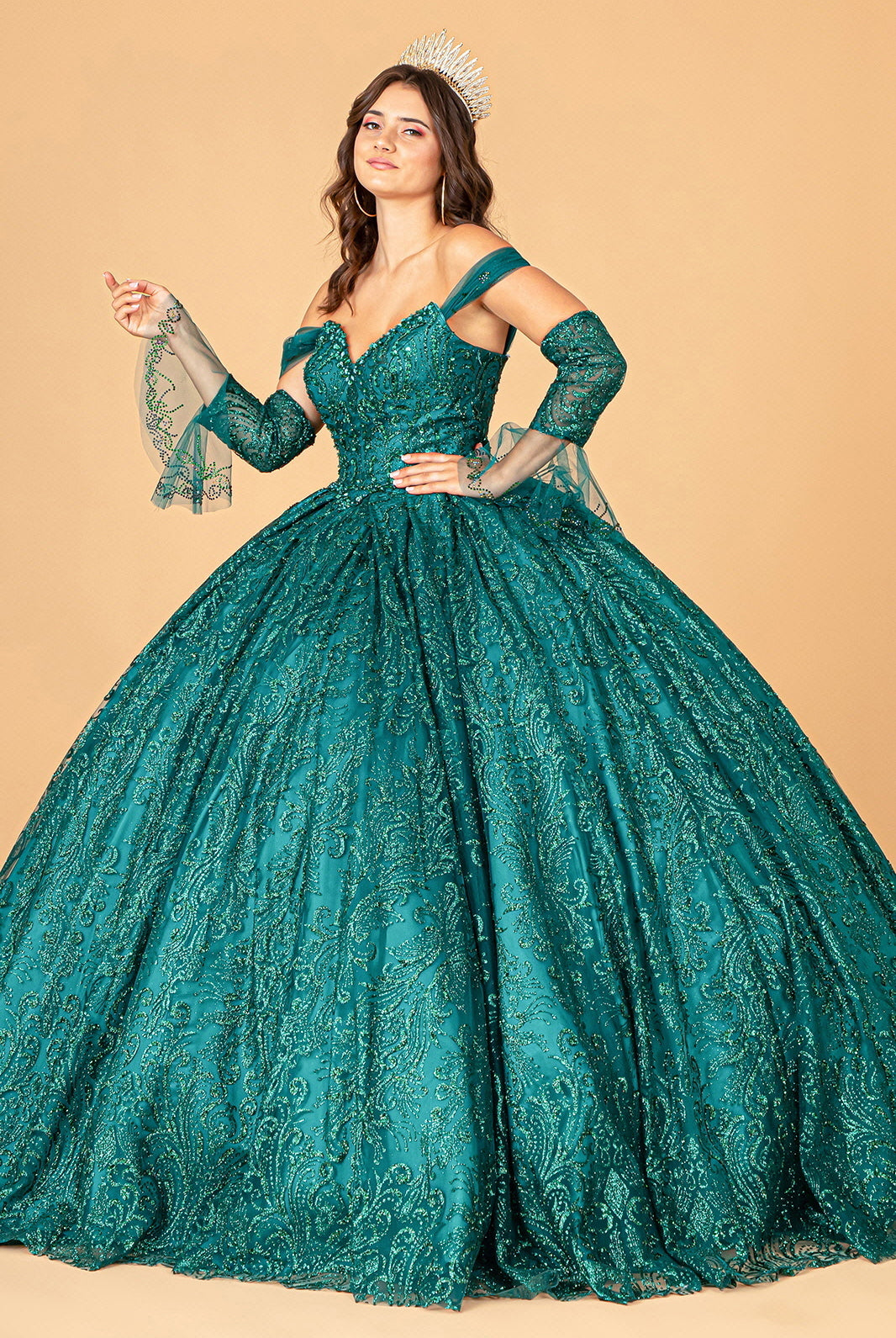 Jewel Mesh Quinceanera Dress Mini Bag and Separate Long Sleeves GLGL3073-QUINCEANERA-smcfashion.com