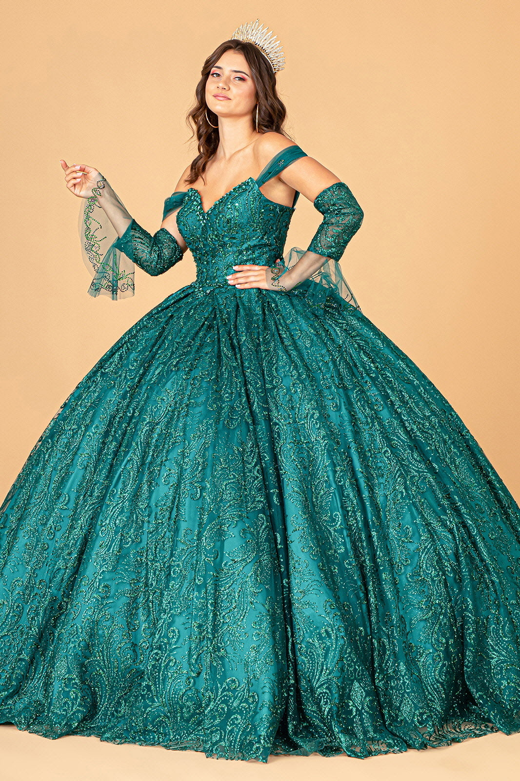 Jewel Mesh Quinceanera Dress Mini Bag and Separate Long Sleeves GLGL3073-QUINCEANERA-smcfashion.com