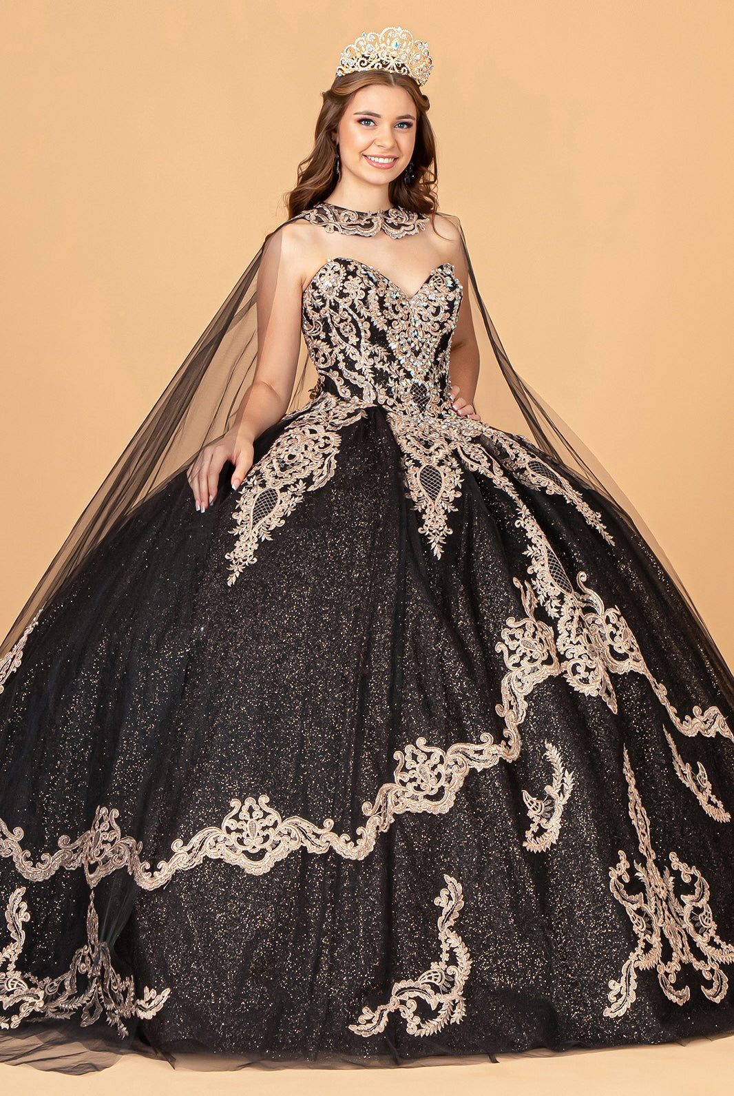 Glitter Jewel Embellished Quinceanera Gown Long Mesh Cape GLGL3078-QUINCEANERA-smcfashion.com