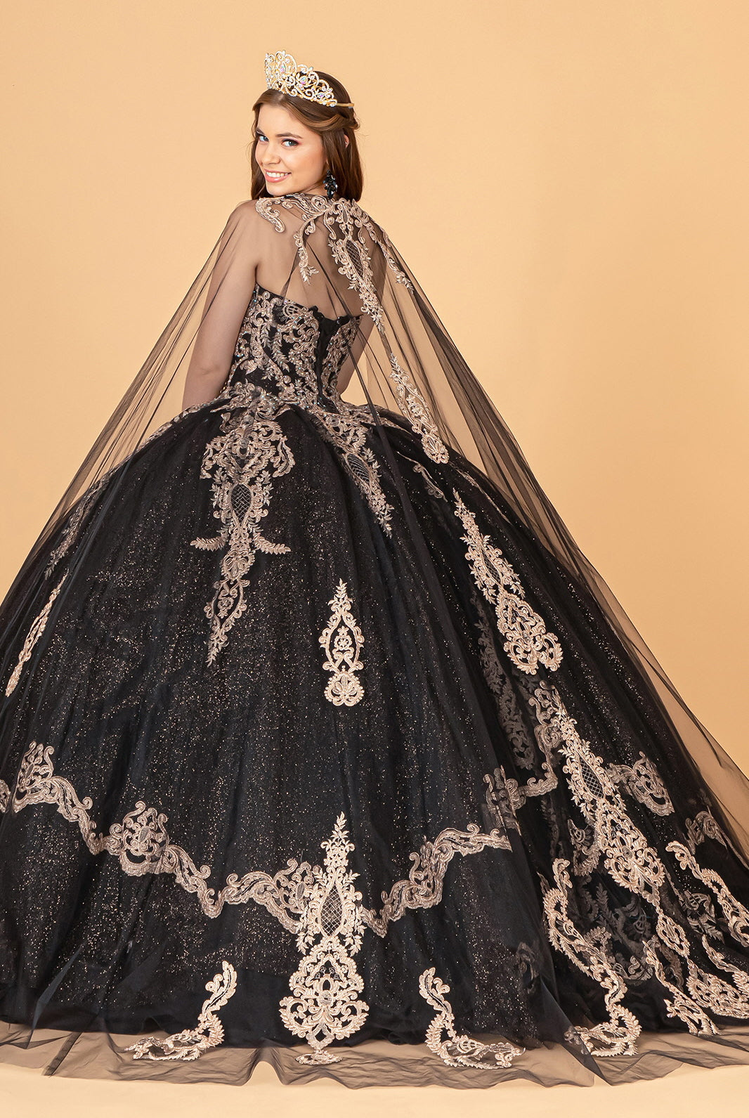 Glitter Jewel Embellished Quinceanera Gown Long Mesh Cape GLGL3078-QUINCEANERA-smcfashion.com