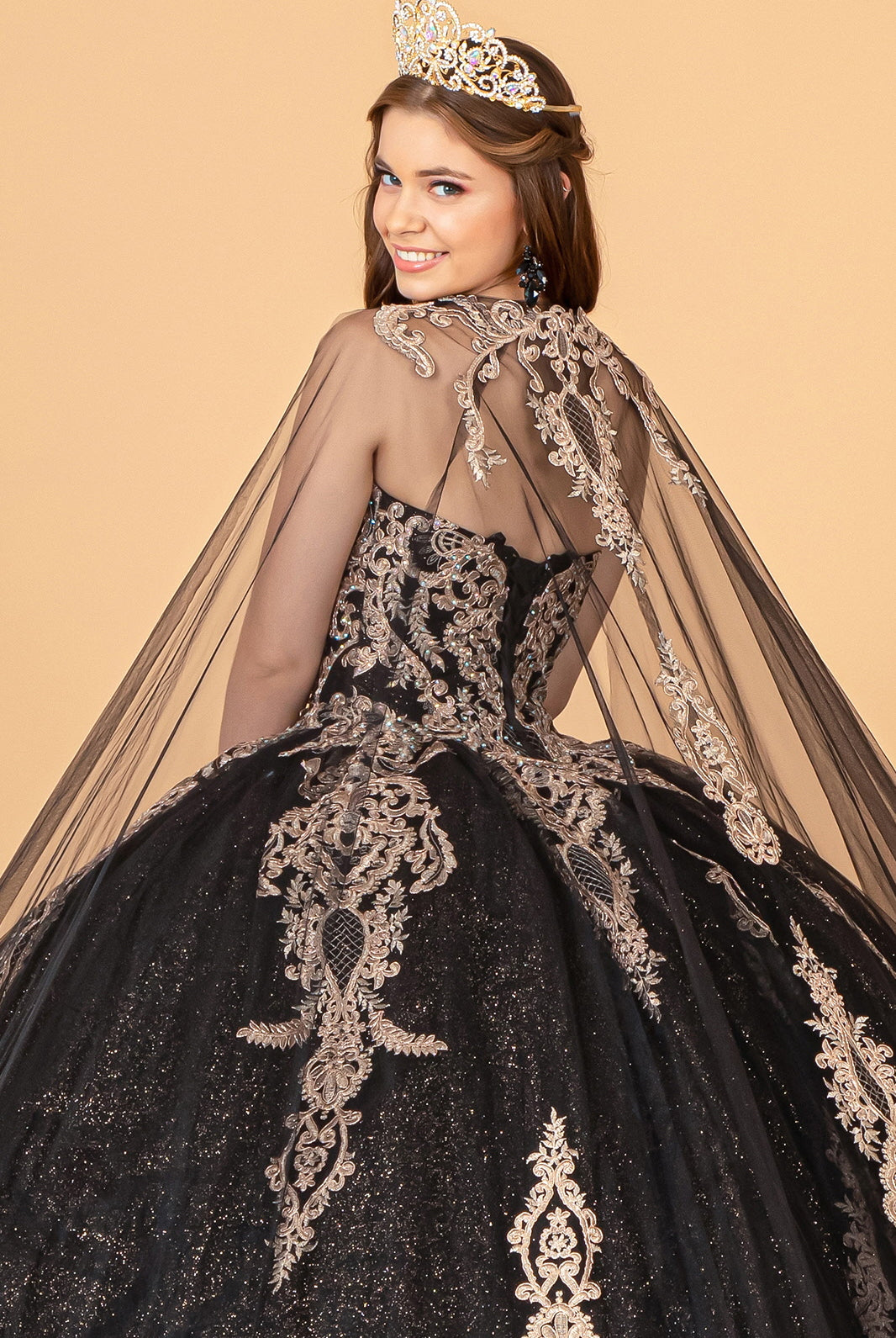 Glitter Jewel Embellished Quinceanera Gown Long Mesh Cape GLGL3078-QUINCEANERA-smcfashion.com