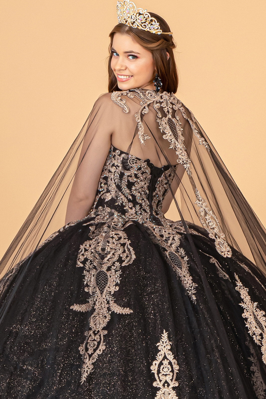 Glitter Jewel Embellished Quinceanera Gown Long Mesh Cape GLGL3078-QUINCEANERA-smcfashion.com