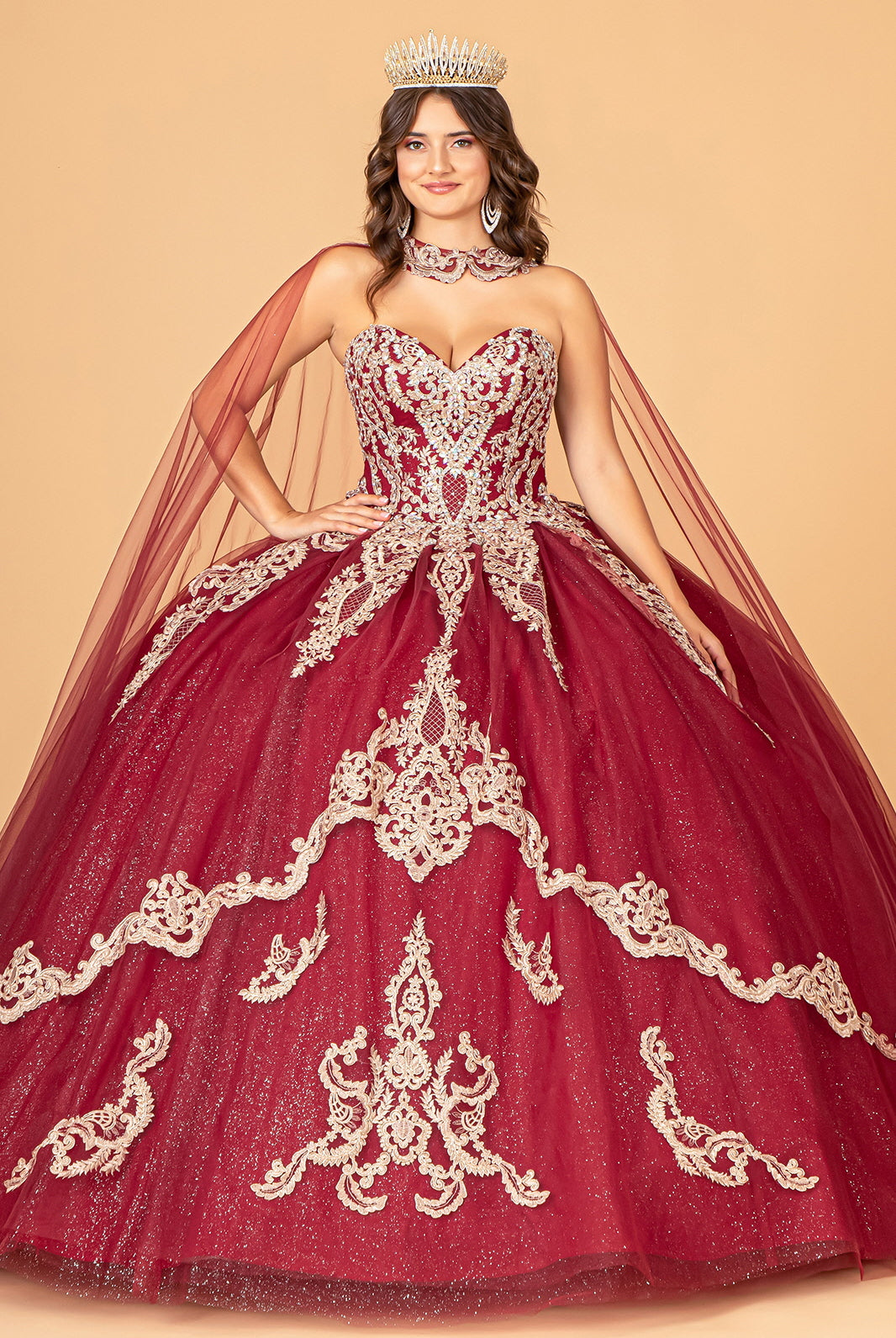 Glitter Jewel Embellished Quinceanera Gown Long Mesh Cape GLGL3078-QUINCEANERA-smcfashion.com