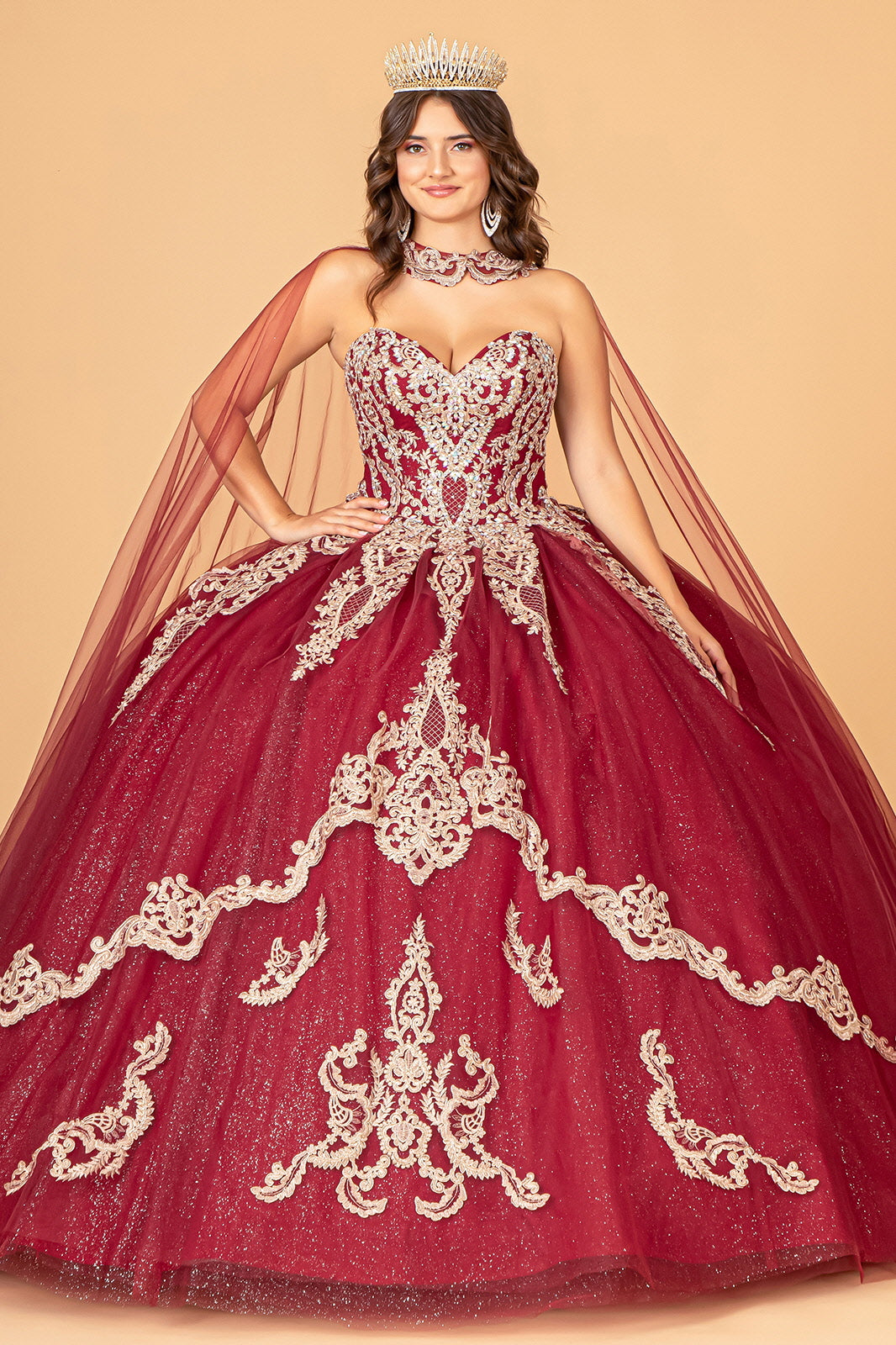 Glitter Jewel Embellished Quinceanera Gown Long Mesh Cape GLGL3078-QUINCEANERA-smcfashion.com