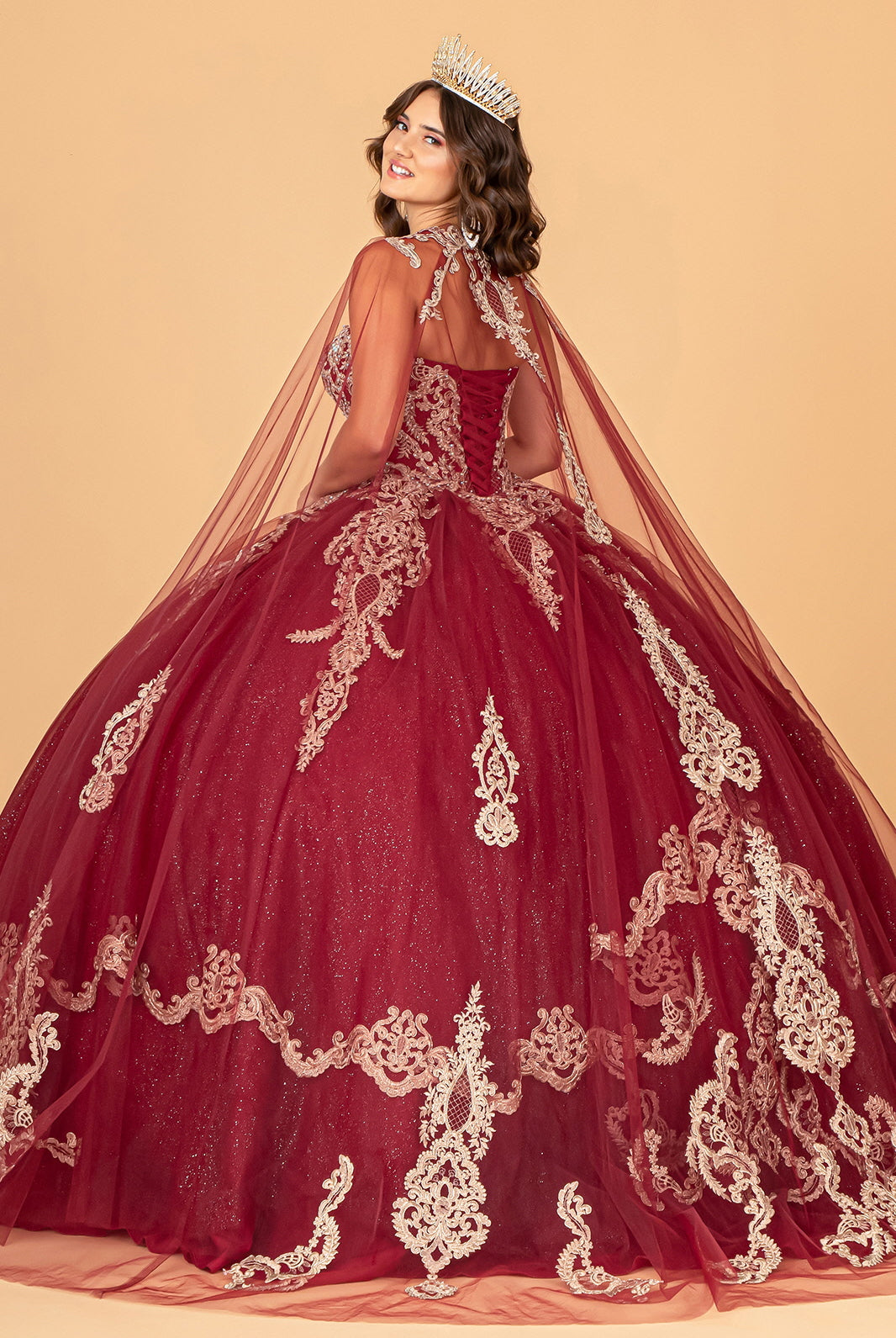Glitter Jewel Embellished Quinceanera Gown Long Mesh Cape GLGL3078-QUINCEANERA-smcfashion.com