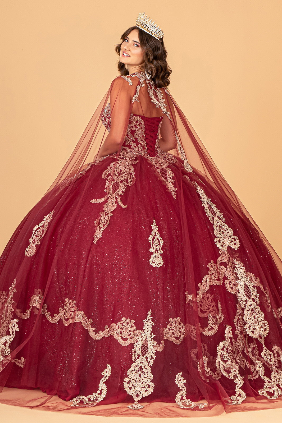 Glitter Jewel Embellished Quinceanera Gown Long Mesh Cape GLGL3078-QUINCEANERA-smcfashion.com