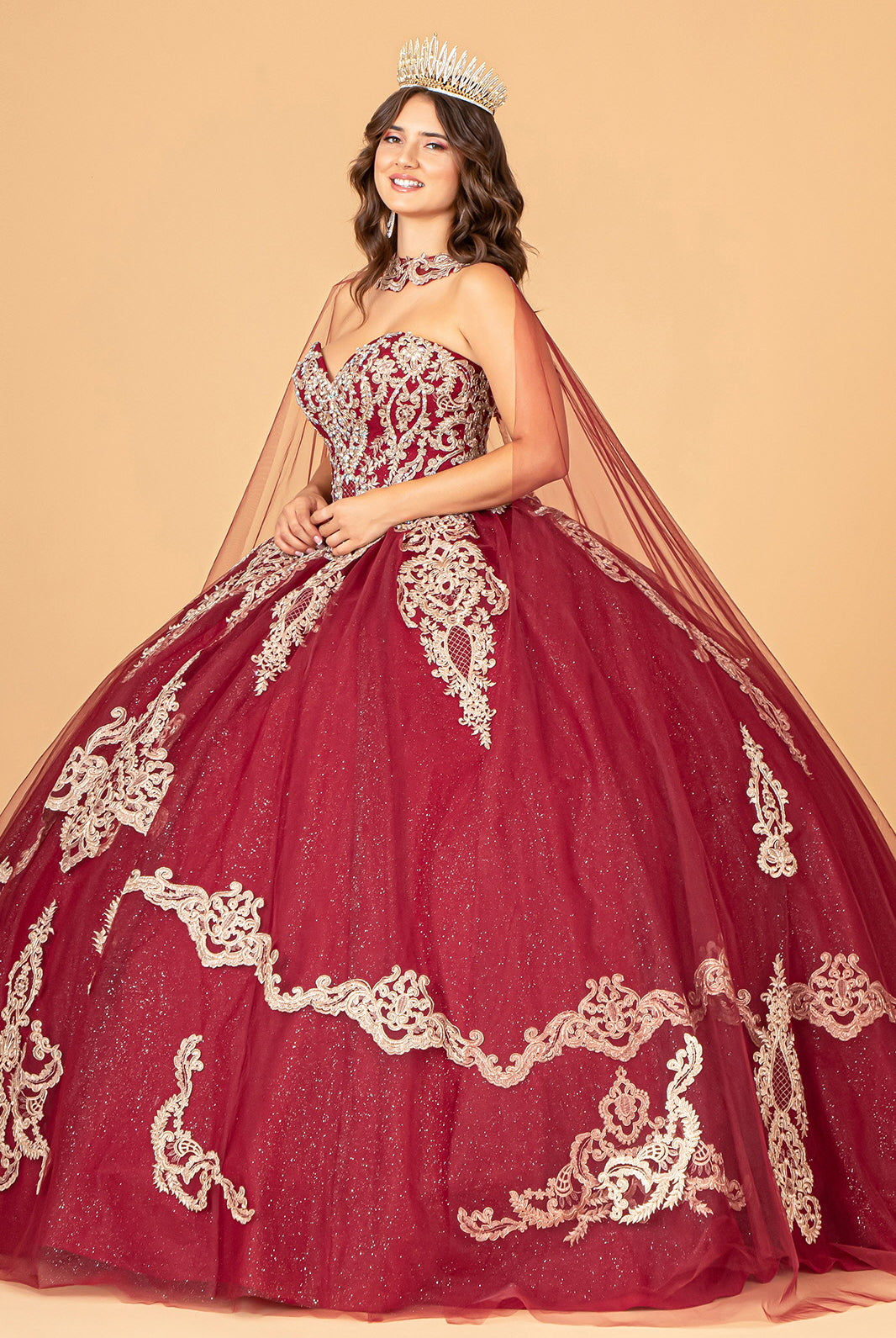 Glitter Jewel Embellished Quinceanera Gown Long Mesh Cape GLGL3078-QUINCEANERA-smcfashion.com