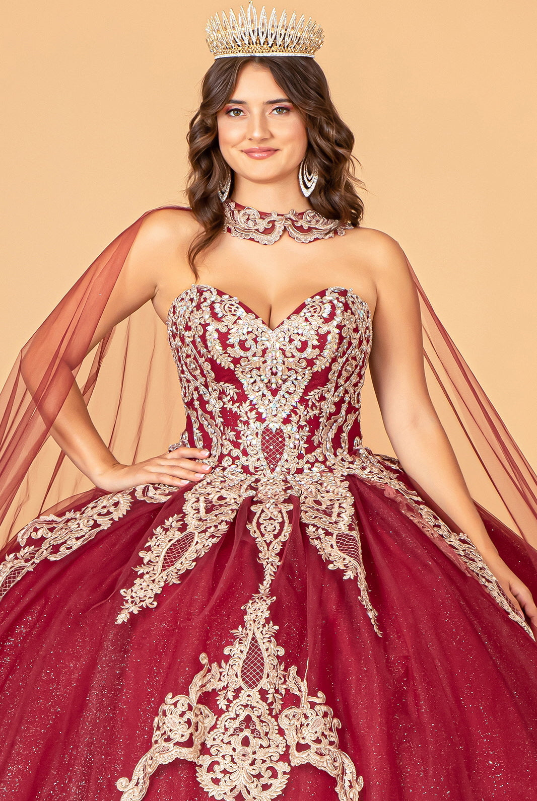Glitter Jewel Embellished Quinceanera Gown Long Mesh Cape GLGL3078-QUINCEANERA-smcfashion.com