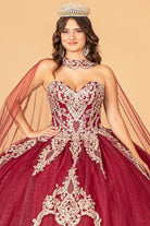Glitter Jewel Embellished Quinceanera Gown Long Mesh Cape GLGL3078-QUINCEANERA-smcfashion.com