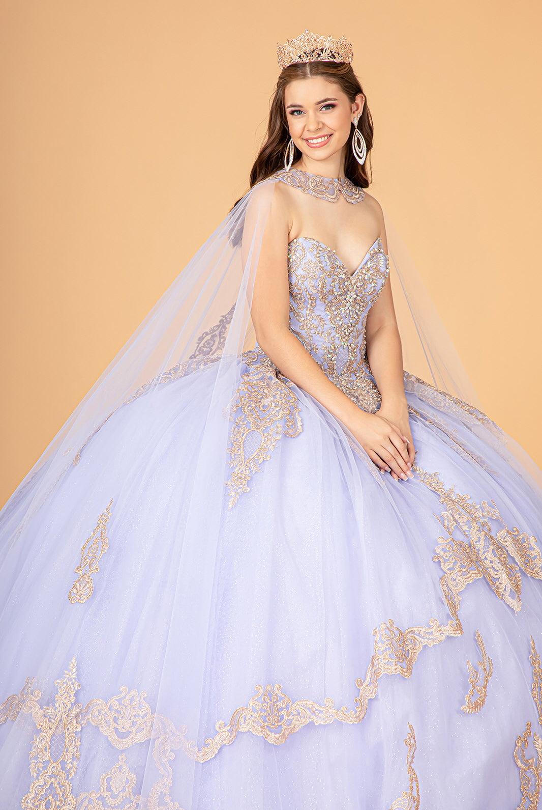 Glitter Jewel Embellished Quinceanera Gown Long Mesh Cape GLGL3078-QUINCEANERA-smcfashion.com