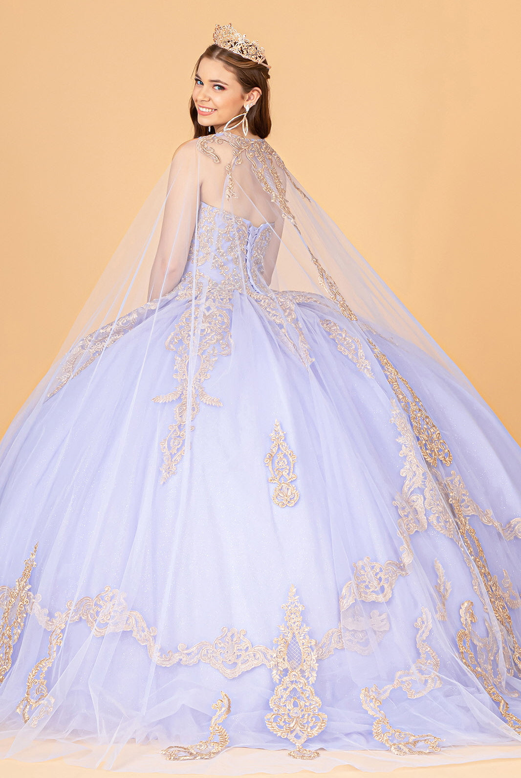 Glitter Jewel Embellished Quinceanera Gown Long Mesh Cape GLGL3078-QUINCEANERA-smcfashion.com