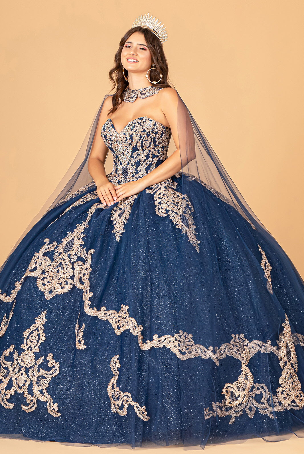 Glitter Jewel Embellished Quinceanera Gown Long Mesh Cape GLGL3078-QUINCEANERA-smcfashion.com