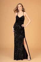 Halter Neck Velvet Sequin Long Dress Ruched Bodice GLGL3080-PROM-smcfashion.com