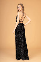 Halter Neck Velvet Sequin Long Dress Ruched Bodice GLGL3080-PROM-smcfashion.com