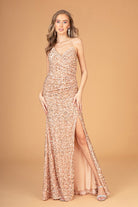 Halter Neck Velvet Sequin Long Dress Ruched Bodice GLGL3080-PROM-smcfashion.com